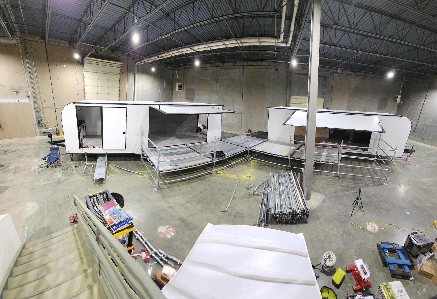 The Treble20 mobile trailer mid-build in the shop, sidewalls open